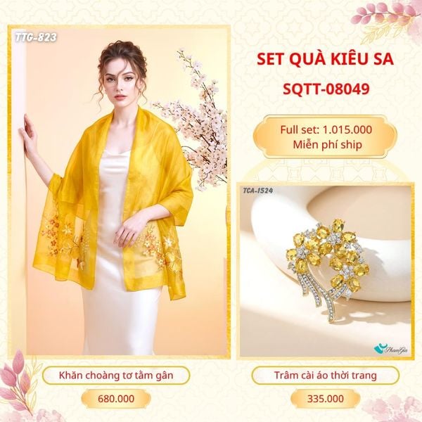Set Quà Tặng Khăn Choàng Tơ Tằm Gân Cao Cấp Và Trâm Cài Áo Kiêu Sa (SQTT08049)