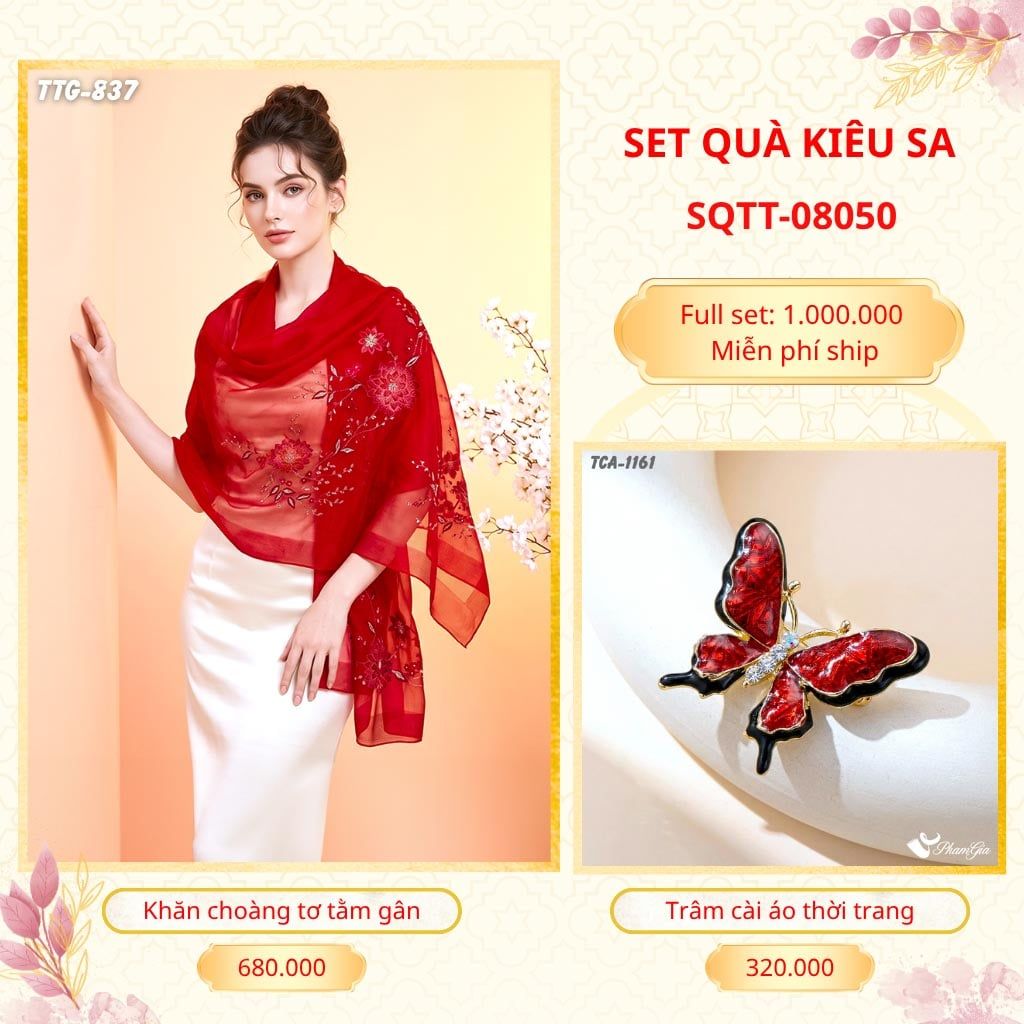 Set Quà Tặng Khăn Choàng Tơ Tằm Gân Cao Cấp Và Trâm Cài Áo Kiêu Sa (SQTT08050)
