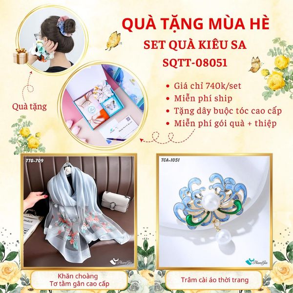 Quà Tặng Mùa Hè - Set Quà Tặng Khăn Choàng Tơ Tằm Gân Cao Cấp Và Ghim Cài Áo Kiêu Sa (SQTT08051)