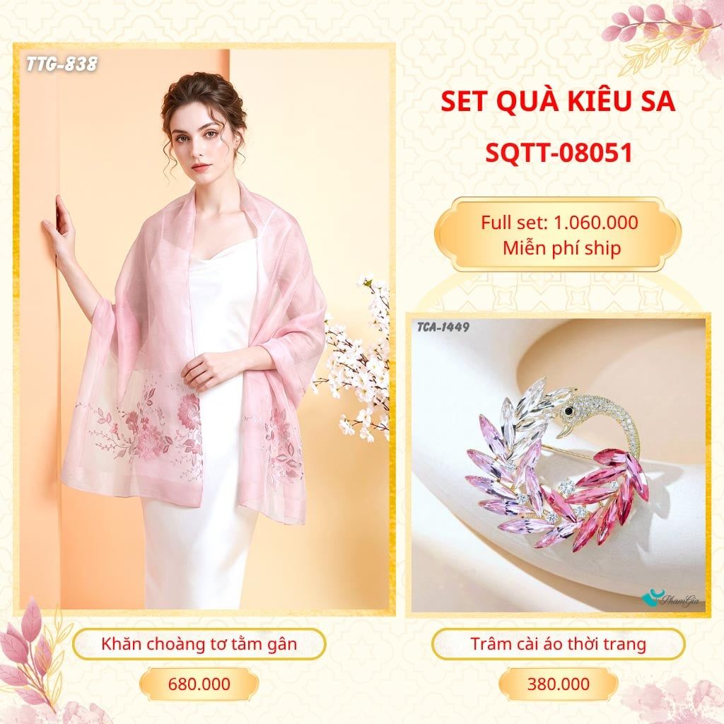 Set Quà Tặng Khăn Choàng Tơ Tằm Gân Cao Cấp Và Trâm Cài Áo Kiêu Sa (SQTT08051)