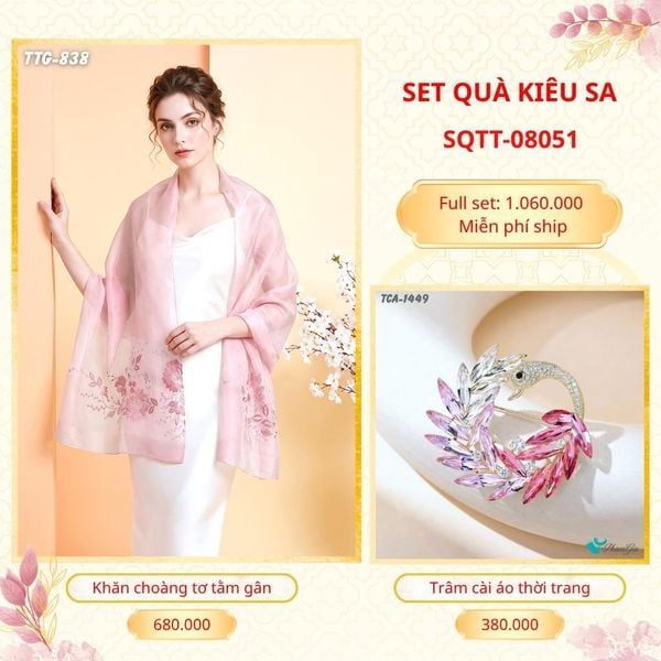 Set Quà Tặng Khăn Choàng Tơ Tằm Gân Cao Cấp Và Trâm Cài Áo Kiêu Sa (SQTT08051)