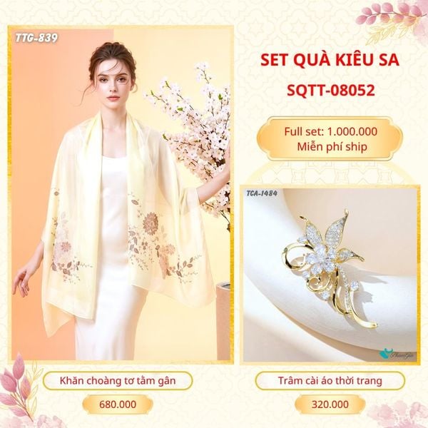 Set Quà Tặng Khăn Choàng Tơ Tằm Gân Cao Cấp Và Trâm Cài Áo Kiêu Sa (SQTT08052)