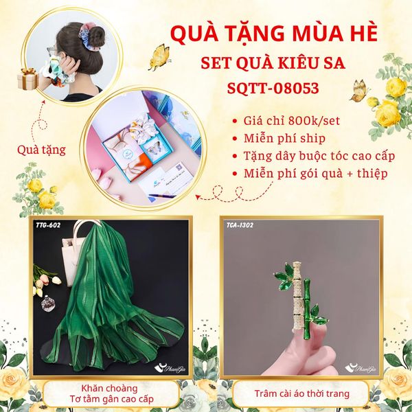Quà Tặng Mùa Hè - Set Quà Tặng Khăn Choàng Tơ Tằm Gân Cao Cấp Và Ghim Cài Áo Kiêu Sa (SQTT08053)