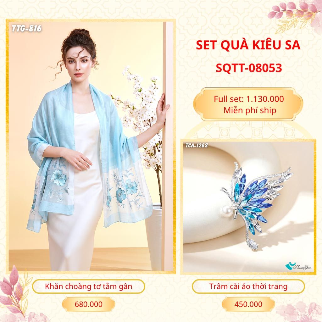 Set Quà Tặng Khăn Choàng Tơ Tằm Gân Cao Cấp Và Trâm Cài Áo Kiêu Sa (SQTT08053)