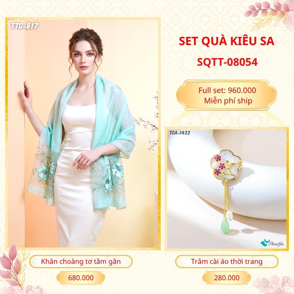 Set Quà Tặng Khăn Choàng Tơ Tằm Gân Cao Cấp Và Trâm Cài Áo Kiêu Sa (SQTT08054)