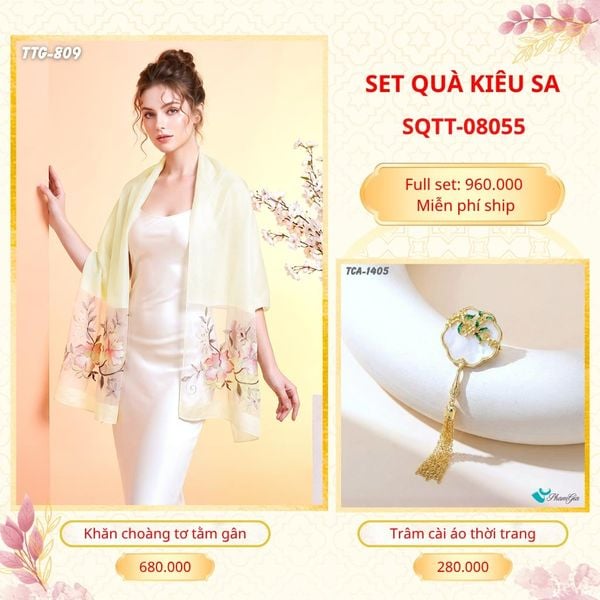 Set Quà Tặng Khăn Choàng Tơ Tằm Gân Cao Cấp Và Trâm Cài Áo Kiêu Sa (SQTT08055)