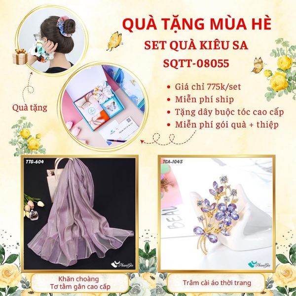 Quà Tặng Mùa Hè - Set Quà Tặng Khăn Choàng Tơ Tằm Gân Cao Cấp Và Ghim Cài Áo Kiêu Sa (SQTT08055)