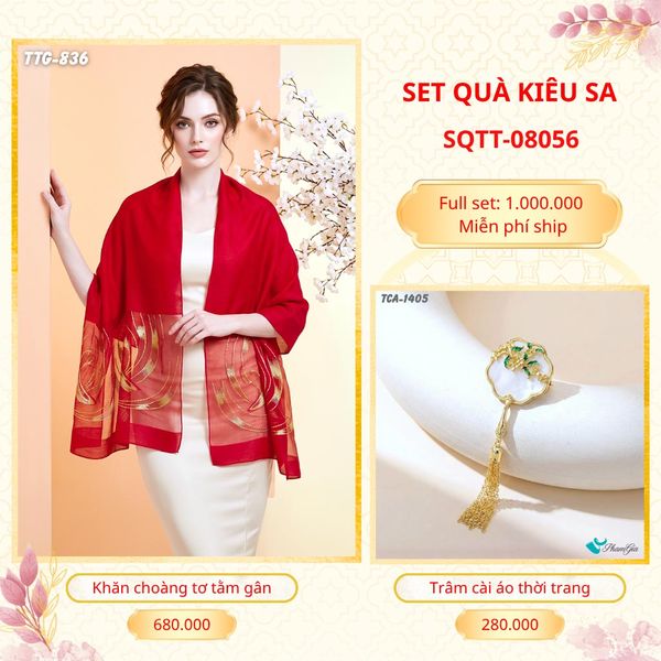 Set Quà Tặng Khăn Choàng Tơ Tằm Gân Cao Cấp Và Trâm Cài Áo Kiêu Sa (SQTT08056)