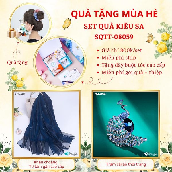 Quà Tặng Mùa Hè - Set Quà Tặng Khăn Choàng Tơ Tằm Gân Cao Cấp Và Ghim Cài Áo Kiêu Sa (SQTT08059)