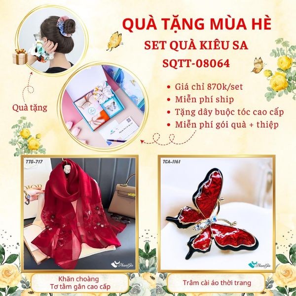 Quà Tặng Mùa Hè - Set Quà Tặng Khăn Choàng Tơ Tằm Gân Cao Cấp Và Ghim Cài Áo Kiêu Sa (SQTT08064)
