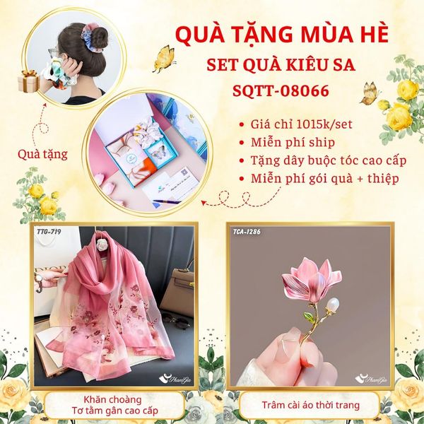 Quà Tặng Mùa Hè - Set Quà Tặng Khăn Choàng Tơ Tằm Gân Cao Cấp Và Ghim Cài Áo Kiêu Sa (SQTT08066)