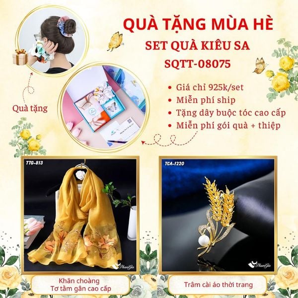 Quà Tặng Mùa Hè - Set Quà Tặng Khăn Choàng Tơ Tằm Gân Cao Cấp Và Ghim Cài Áo Kiêu Sa (SQTT08075)