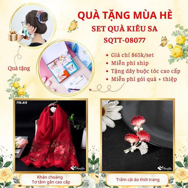 Quà Tặng Mùa Hè - Set Quà Tặng Khăn Choàng Tơ Tằm Gân Cao Cấp Và Ghim Cài Áo Kiêu Sa (SQTT08077)
