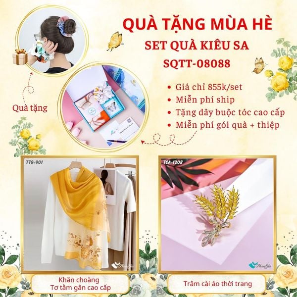 Quà Tặng Mùa Hè - Set Quà Tặng Khăn Choàng Tơ Tằm Gân Cao Cấp Và Ghim Cài Áo Kiêu Sa (SQTT08088)