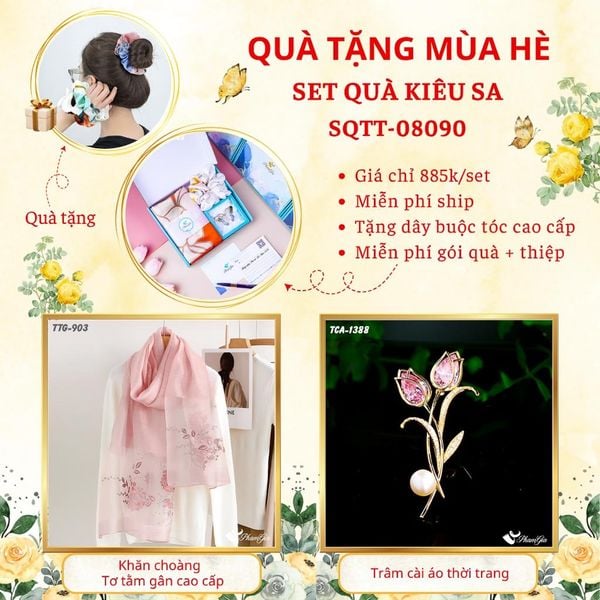 Quà Tặng Mùa Hè - Set Quà Tặng Khăn Choàng Tơ Tằm Gân Cao Cấp Và Ghim Cài Áo Kiêu Sa (SQTT08090)