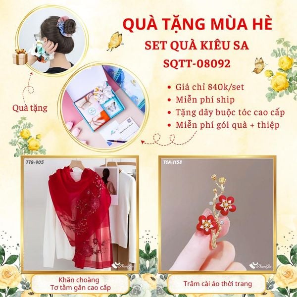 Quà Tặng Mùa Hè - Set Quà Tặng Khăn Choàng Tơ Tằm Gân Cao Cấp Và Ghim Cài Áo Kiêu Sa (SQTT08092)