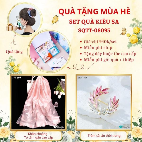 Quà Tặng Mùa Hè - Set Quà Tặng Khăn Choàng Tơ Tằm Gân Cao Cấp Và Ghim Cài Áo Kiêu Sa (SQTT08095)