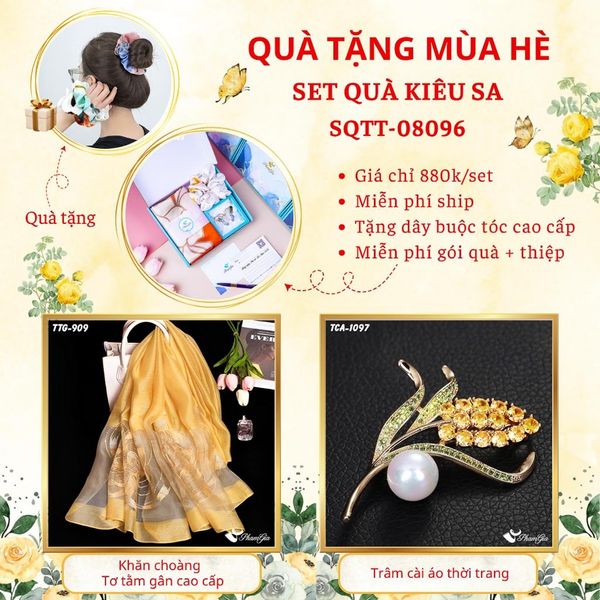 Quà Tặng Mùa Hè - Set Quà Tặng Khăn Choàng Tơ Tằm Gân Cao Cấp Và Ghim Cài Áo Kiêu Sa (SQTT08096)