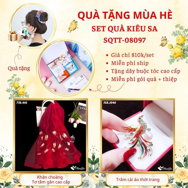 Quà Tặng Mùa Hè - Set Quà Tặng Khăn Choàng Tơ Tằm Gân Cao Cấp Và Ghim Cài Áo Kiêu Sa (SQTT08097)