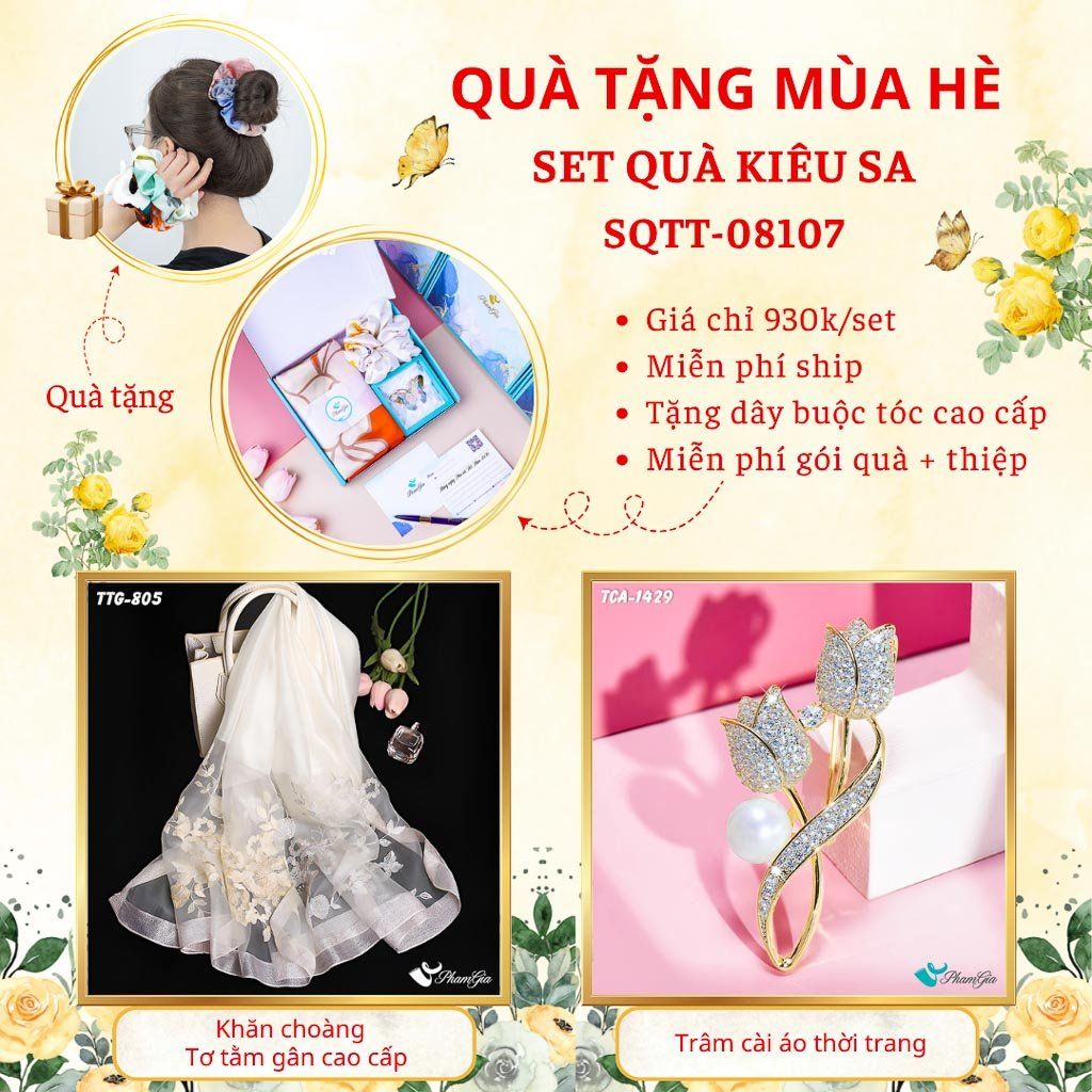 Quà Tặng Mùa Hè - Set Quà Tặng Khăn Choàng Tơ Tằm Gân Cao Cấp Và Ghim Cài Áo Kiêu Sa (SQTT08107)