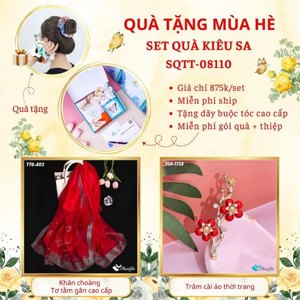 Quà Tặng Mùa Hè - Set Quà Tặng Khăn Choàng Tơ Tằm Gân Cao Cấp Và Ghim Cài Áo Kiêu Sa (SQTT08110)