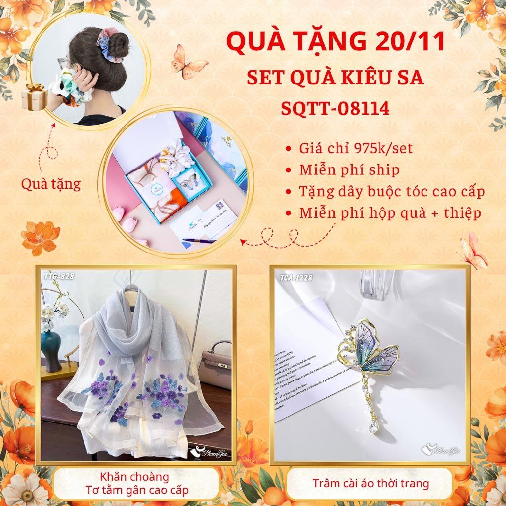 Set Quà Tặng Khăn Choàng Tơ Tằm Gân Cao Cấp Và Ghim Cài Áo Kiêu Sa (SQTT08114)