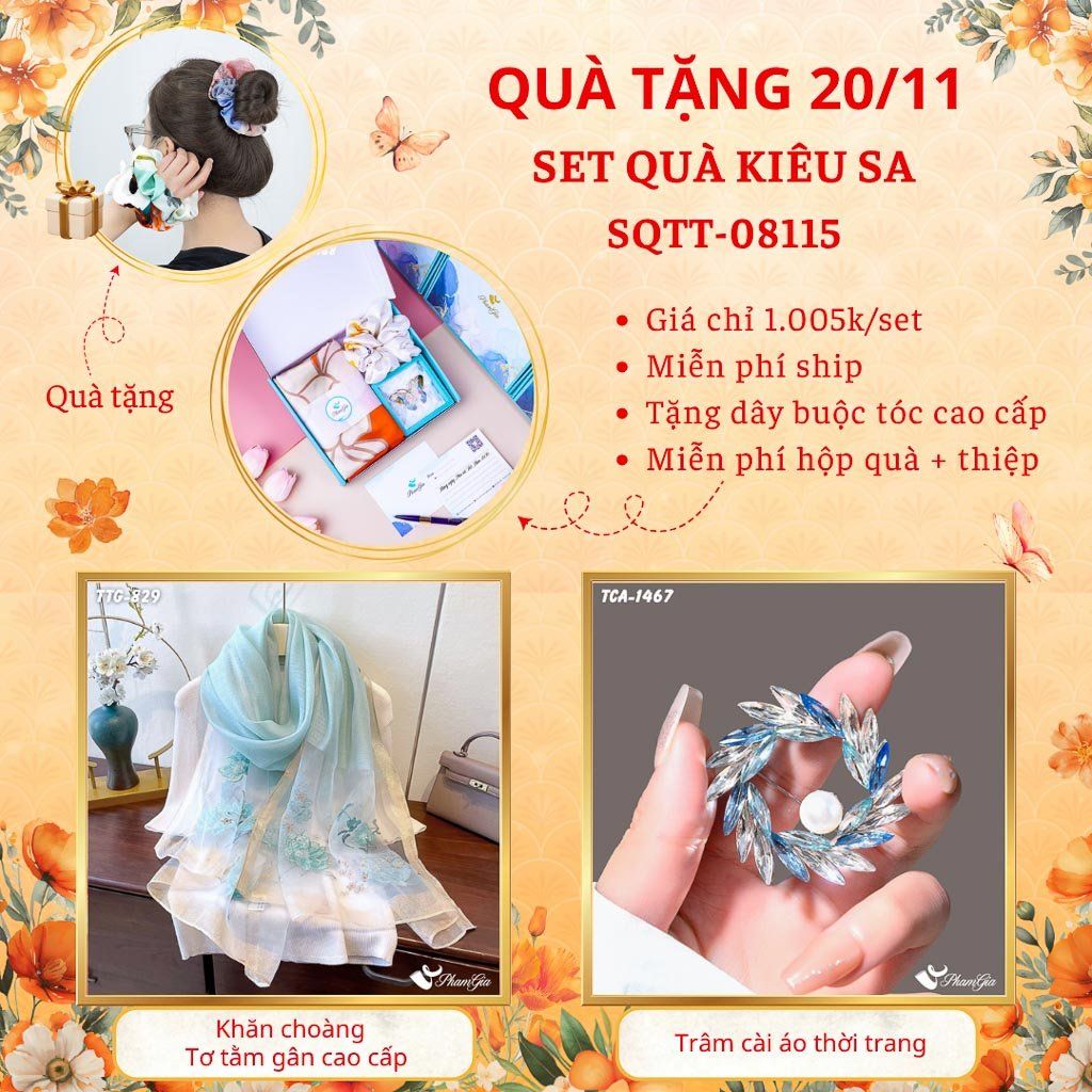 Set Quà Tặng Khăn Choàng Tơ Tằm Gân Cao Cấp Và Ghim Cài Áo Kiêu Sa (SQTT08115)