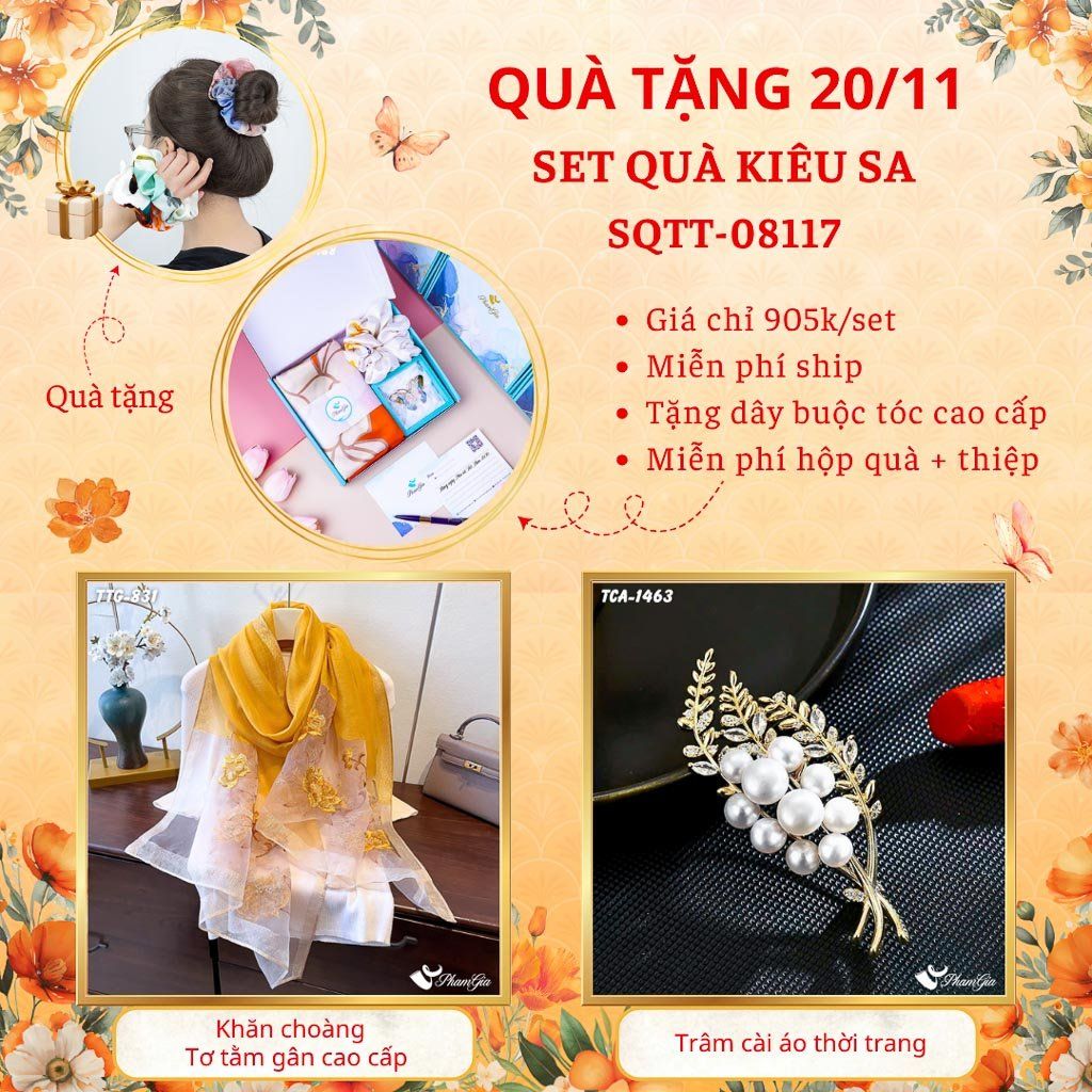 Set Quà Tặng Khăn Choàng Tơ Tằm Gân Cao Cấp Và Ghim Cài Áo Kiêu Sa (SQTT08117)