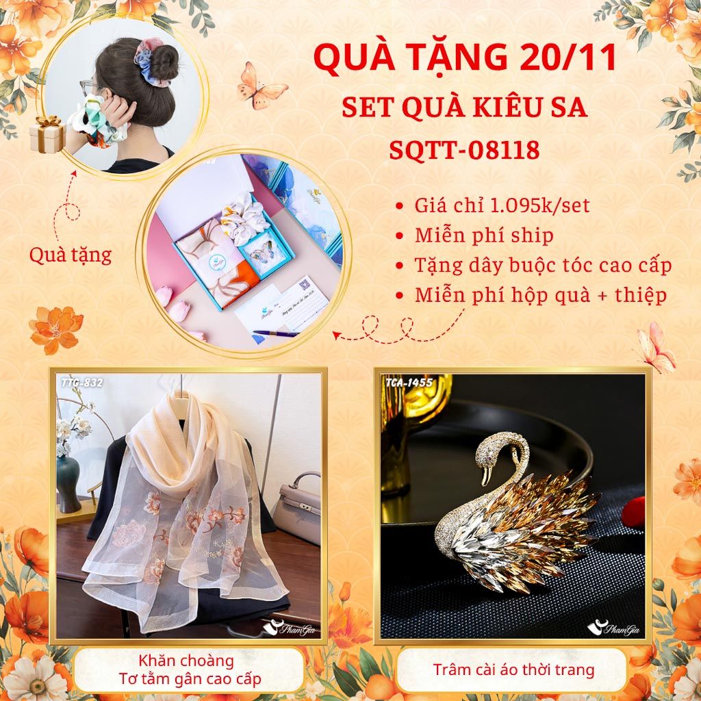 Set Quà Tặng Khăn Choàng Tơ Tằm Gân Cao Cấp Và Ghim Cài Áo Kiêu Sa (SQTT08118)