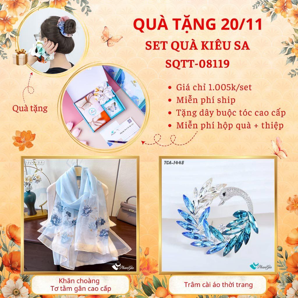 Set Quà Tặng Khăn Choàng Tơ Tằm Gân Cao Cấp Và Ghim Cài Áo Kiêu Sa (SQTT08119)