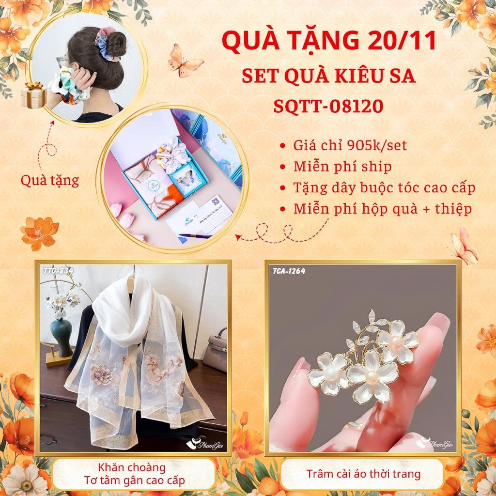 Set Quà Tặng Khăn Choàng Tơ Tằm Gân Cao Cấp Và Ghim Cài Áo Kiêu Sa (SQTT08120)