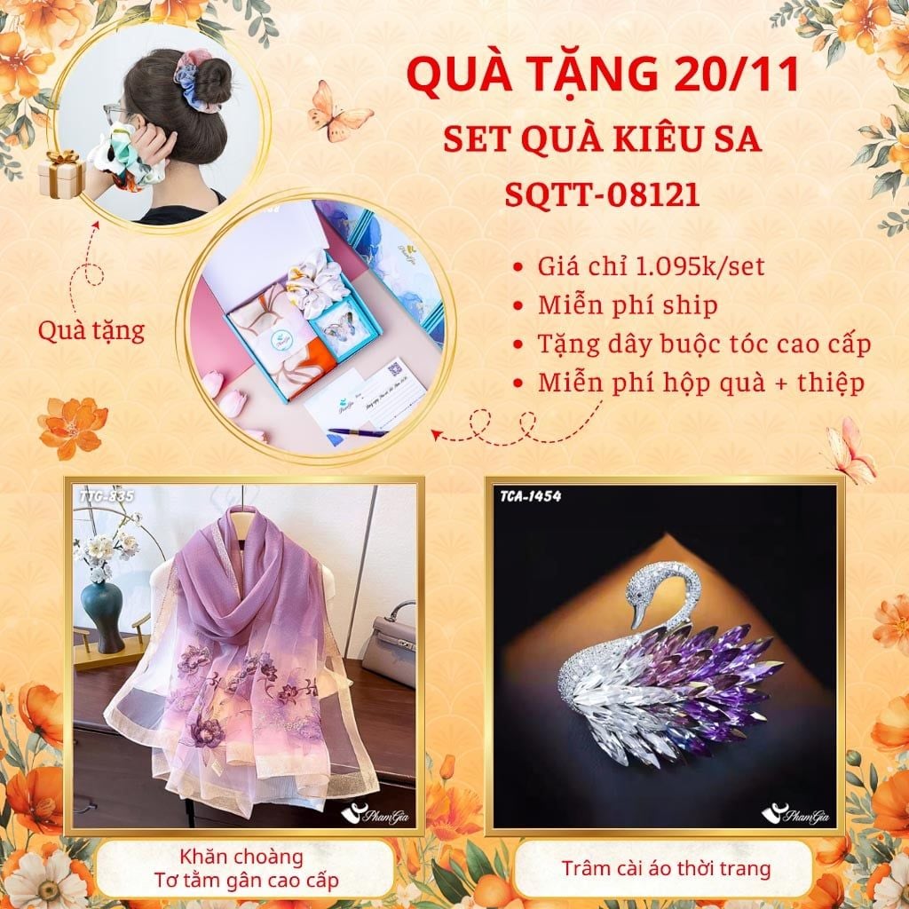 Set Quà Tặng Khăn Choàng Tơ Tằm Gân Cao Cấp Và Ghim Cài Áo Kiêu Sa (SQTT08121)