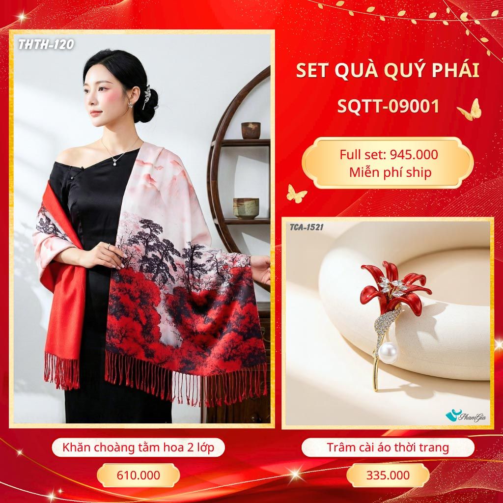 Set Quà Tặng Khăn Choàng Tằm Hoa 2 Lớp Cao Cấp Và Trâm Cài Áo Quý Phái (SQTT09001)