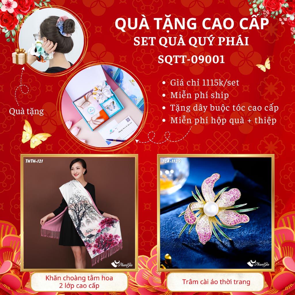 Quà Tặng Cao Cấp - Set Quà Tặng Khăn Choàng Tằm Hoa 2 Lớp Và Ghim Cài Áo Quý Phái (SQTT09001)