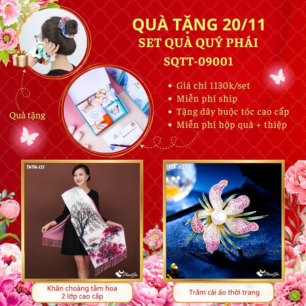 Set Quà Tặng Khăn Choàng Tằm Hoa 2 Lớp Và Ghim Cài Áo Quý Phái (SQTT09001)