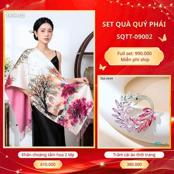 Set Quà Tặng Khăn Choàng Tằm Hoa 2 Lớp Cao Cấp Và Trâm Cài Áo Quý Phái (SQTT09002)