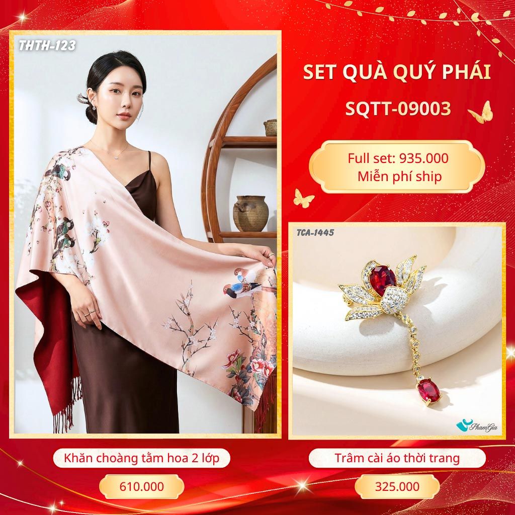 Set Quà Tặng Khăn Choàng Tằm Hoa 2 Lớp Cao Cấp Và Trâm Cài Áo Quý Phái (SQTT09003)