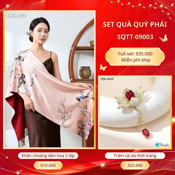 Set Quà Tặng Khăn Choàng Tằm Hoa 2 Lớp Cao Cấp Và Trâm Cài Áo Quý Phái (SQTT09003)