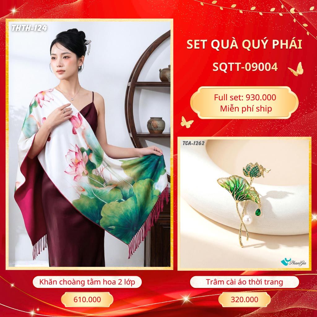 Set Quà Tặng Khăn Choàng Tằm Hoa 2 Lớp Cao Cấp Và Trâm Cài Áo Quý Phái (SQTT09004)