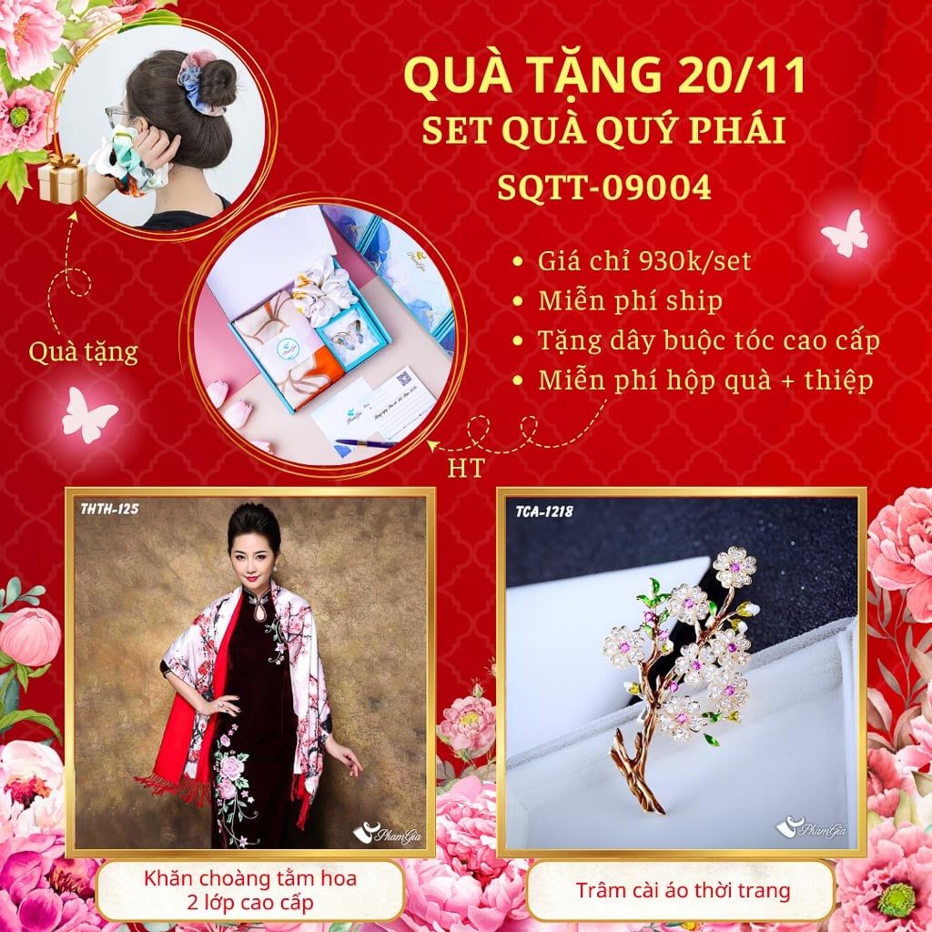 Set Quà Tặng Khăn Choàng Tằm Hoa 2 Lớp Và Ghim Cài Áo Quý Phái (SQTT09004)