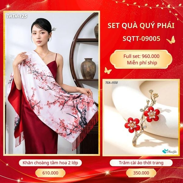Set Quà Tặng Khăn Choàng Tằm Hoa 2 Lớp Cao Cấp Và Trâm Cài Áo Quý Phái (SQTT09005)