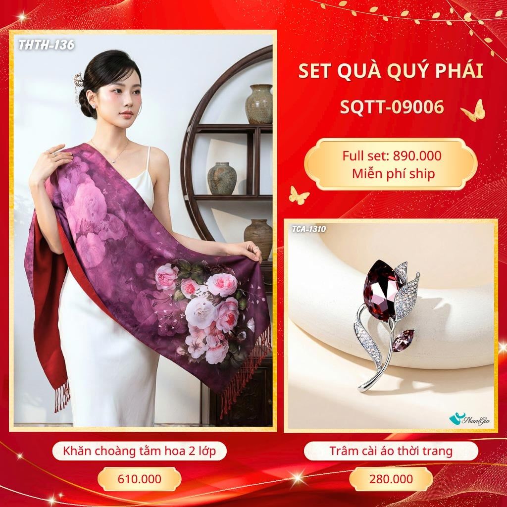 Set Quà Tặng Khăn Choàng Tằm Hoa 2 Lớp Cao Cấp Và Trâm Cài Áo Quý Phái (SQTT09006)