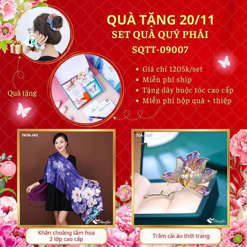 Set Quà Tặng Khăn Choàng Tằm Hoa 2 Lớp Và Ghim Cài Áo Quý Phái (SQTT09007)