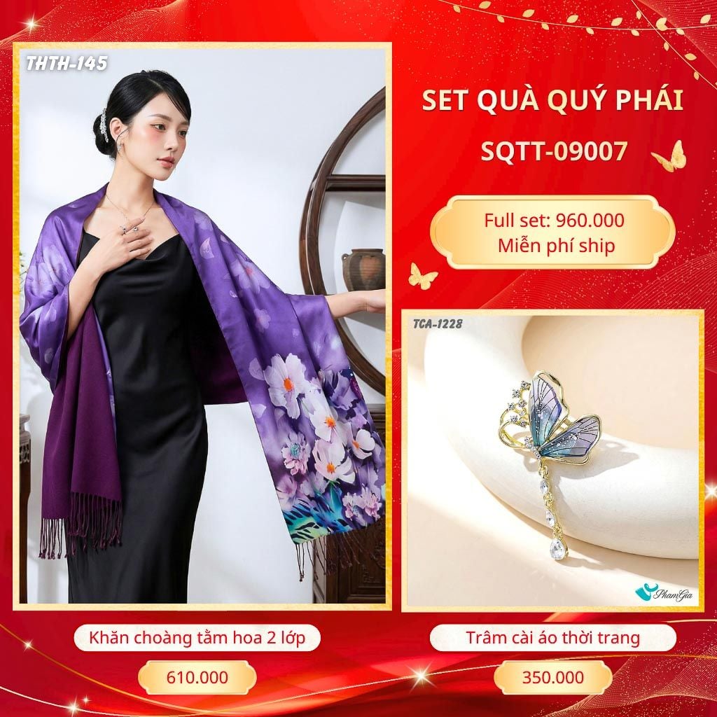 Set Quà Tặng Khăn Choàng Tằm Hoa 2 Lớp Cao Cấp Và Trâm Cài Áo Quý Phái (SQTT09007)