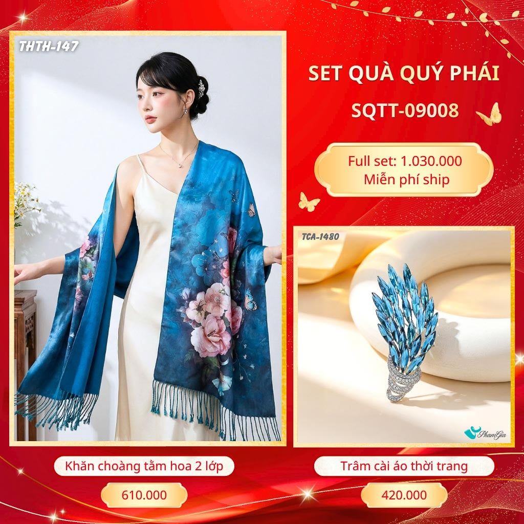 Set Quà Tặng Khăn Choàng Tằm Hoa 2 Lớp Cao Cấp Và Trâm Cài Áo Quý Phái (SQTT09008)