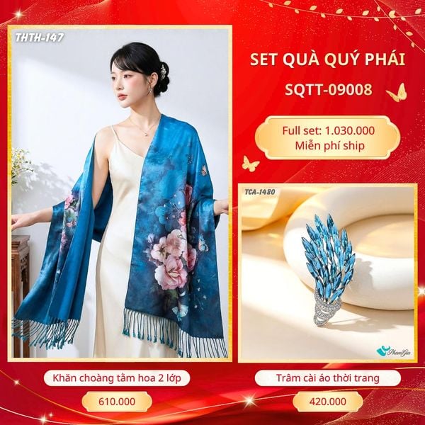 Set Quà Tặng Khăn Choàng Tằm Hoa 2 Lớp Cao Cấp Và Trâm Cài Áo Quý Phái (SQTT09008)