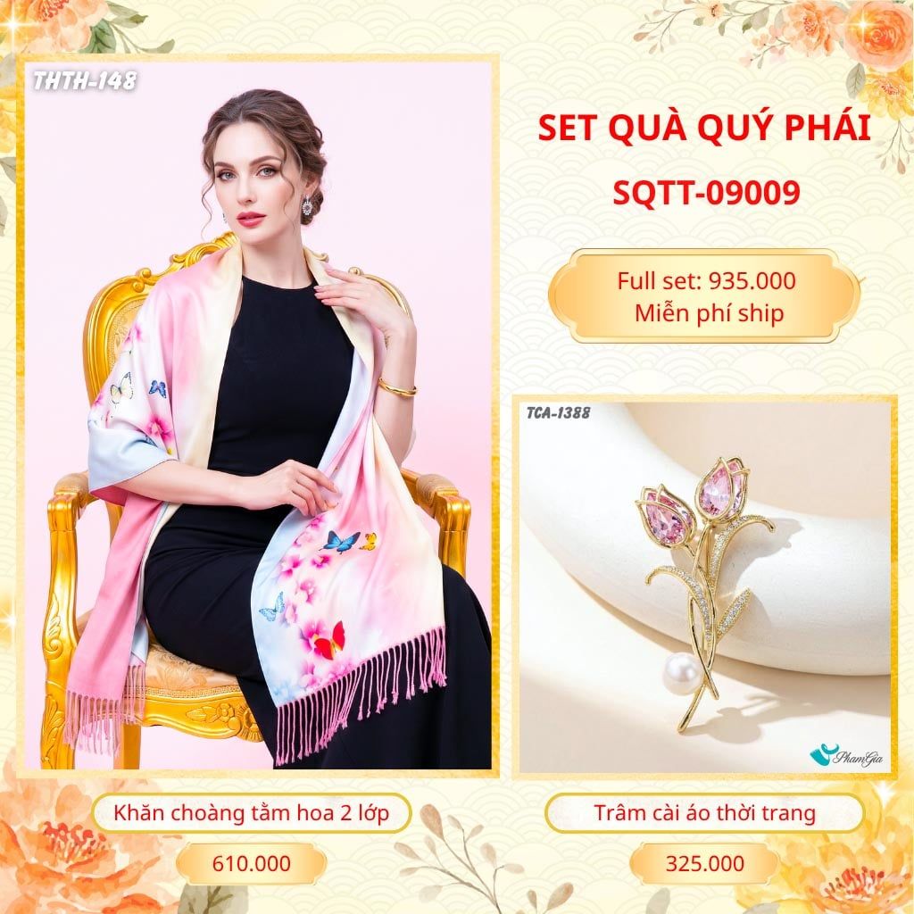 Set Quà Tặng Khăn Choàng Tằm Hoa 2 Lớp Cao Cấp Và Trâm Cài Áo Quý Phái (SQTT09009)