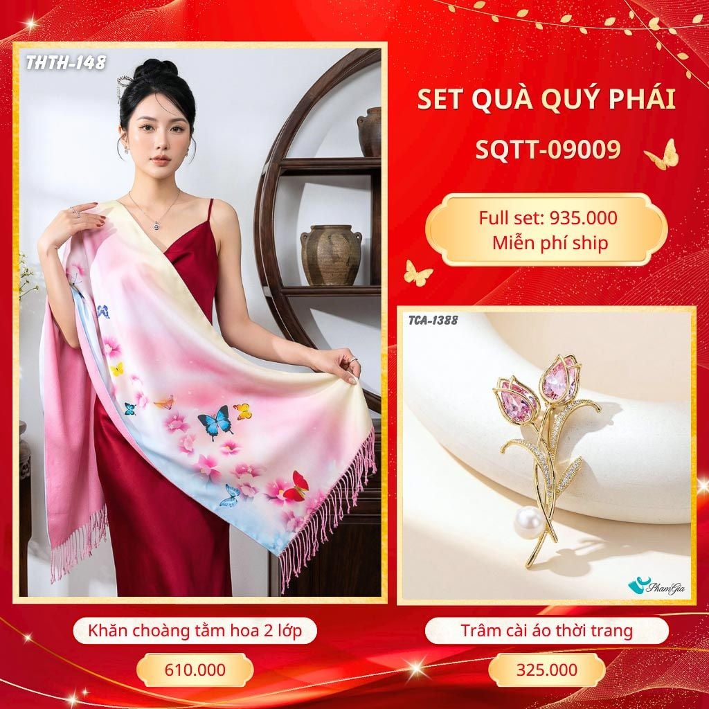 Set Quà Tặng Khăn Choàng Tằm Hoa 2 Lớp Cao Cấp Và Trâm Cài Áo Quý Phái (SQTT09009)