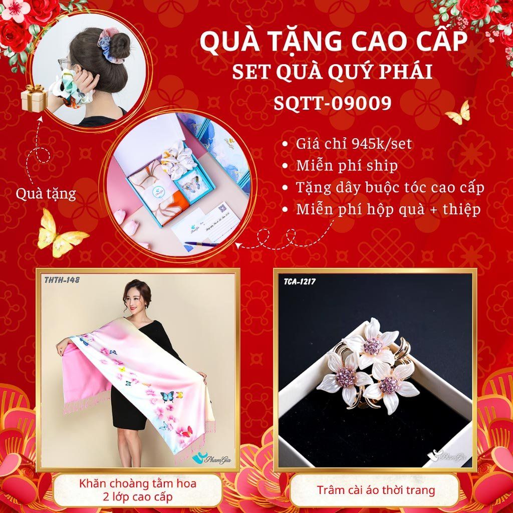 Quà Tặng Cao Cấp - Set Quà Tặng Khăn Choàng Tằm Hoa 2 Lớp Và Ghim Cài Áo Quý Phái (SQTT09009)