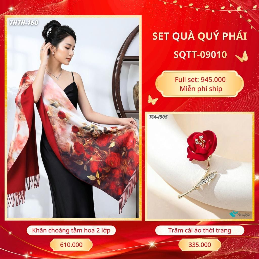 Set Quà Tặng Khăn Choàng Tằm Hoa 2 Lớp Cao Cấp Và Trâm Cài Áo Quý Phái (SQTT09010)